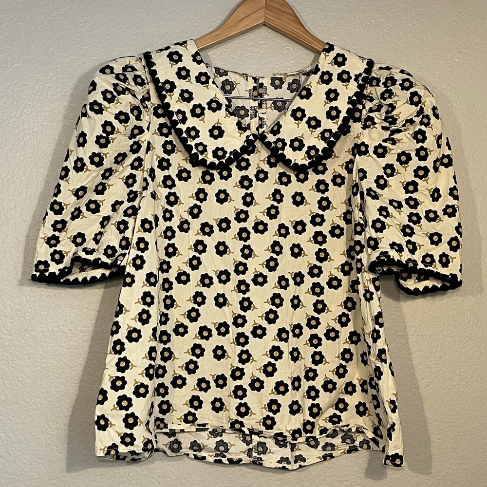Entro Small Cream Black Floral Shirt Peter Pan Collar Puff Sleeve 100% Cotton